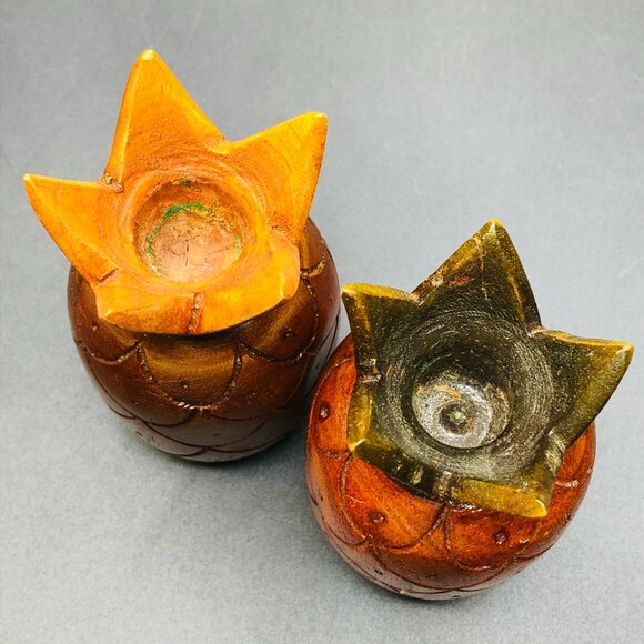 Vintage Wooden Pineapple Fruit Candleholder PAIR Tropical Tiki Bar Room Decor - Picture 4 of 10